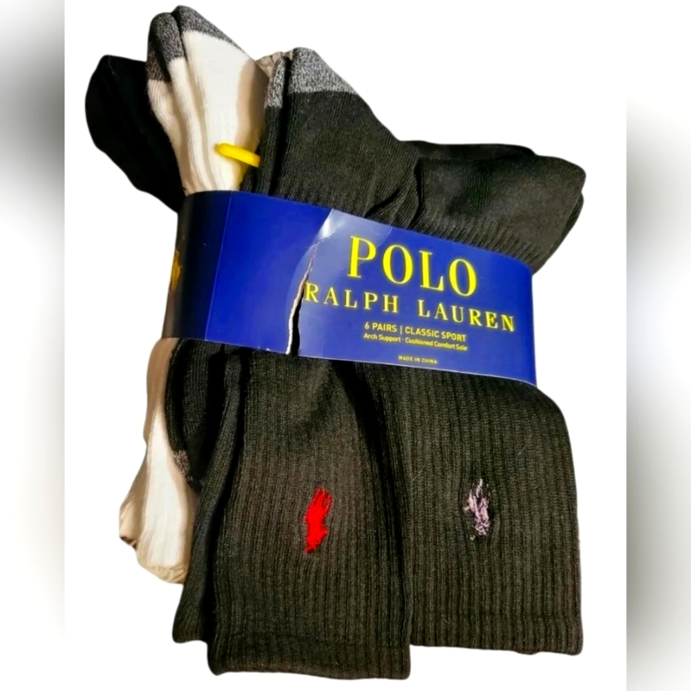 Polo Ralph Lauren Classic Sport Black /White / Gray Heel 6-Pair Crew Socks 10-13